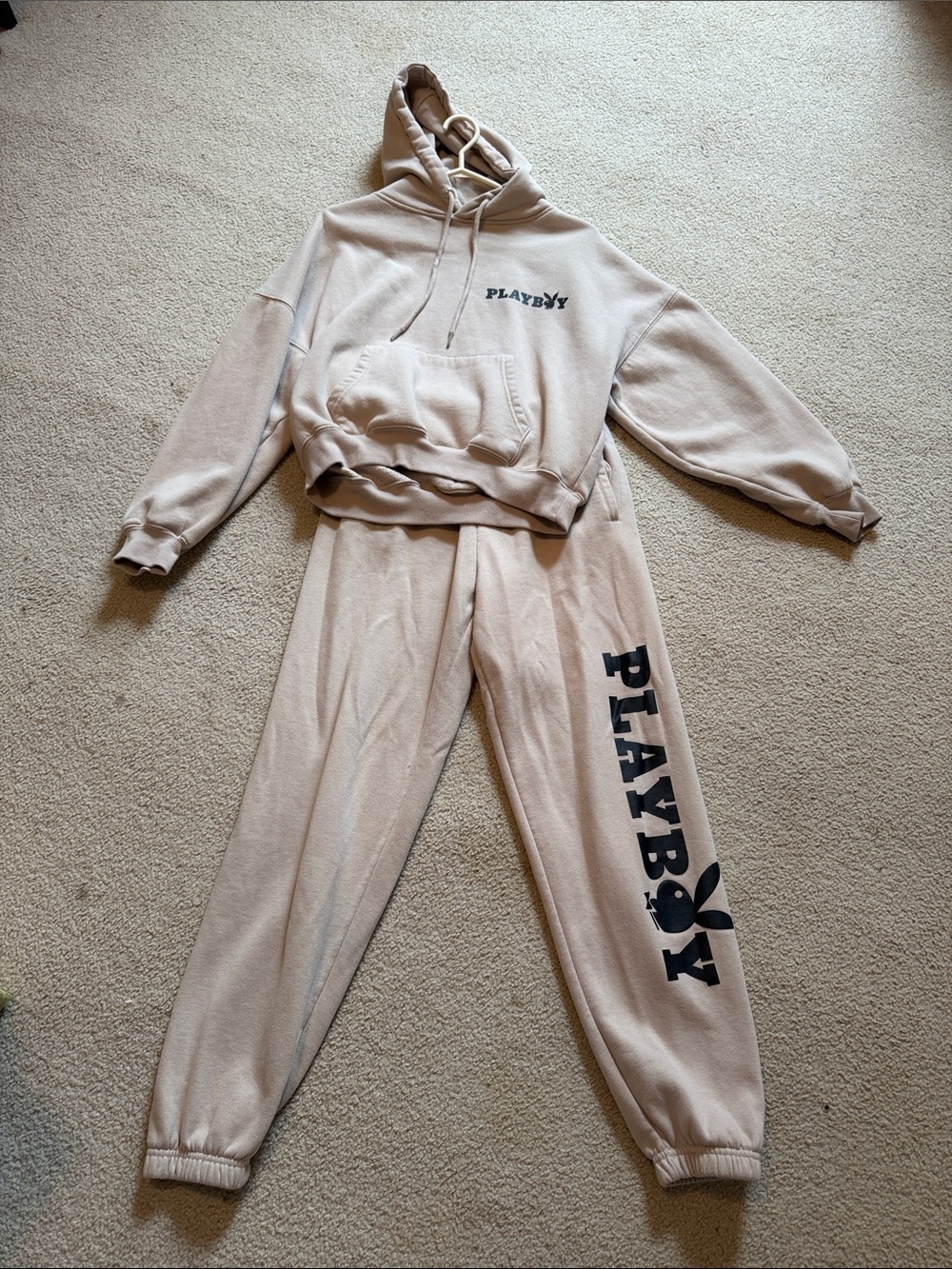 PLAYBOY Beige Cropped Hoodie and Joggers Set with Black Logo